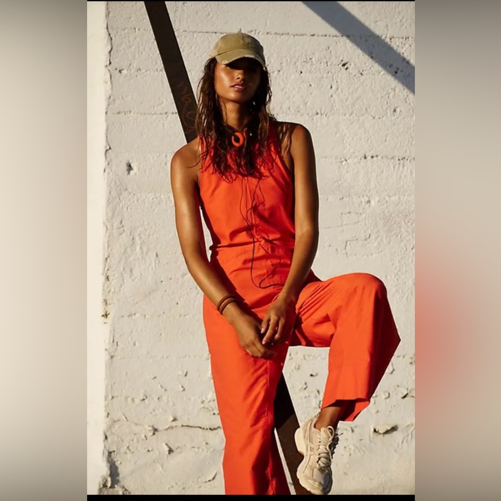 New Free People FP Movement Break Away Orange Wide Leg Onesie Jumpsuit sz S